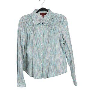 Y2K Button Up Shirt XL Multicolor Striped Shirring Diamonds Puffed Hippie Indie